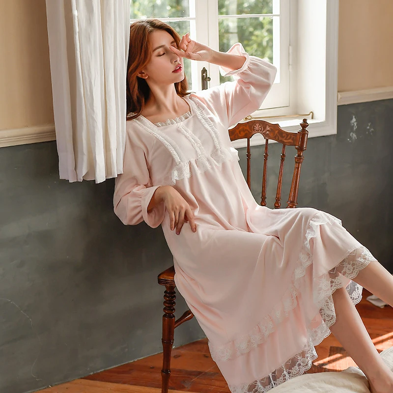 Винтажная кружевная ночная рубашка для женщин фланелевая теплая Пижама