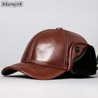 Кепка XdanqinX мужская из натуральной кожи, теплая бейсболка с мехом и наушниками, из воловьей кожи, зимняя шапка для мужчин среднего возраста