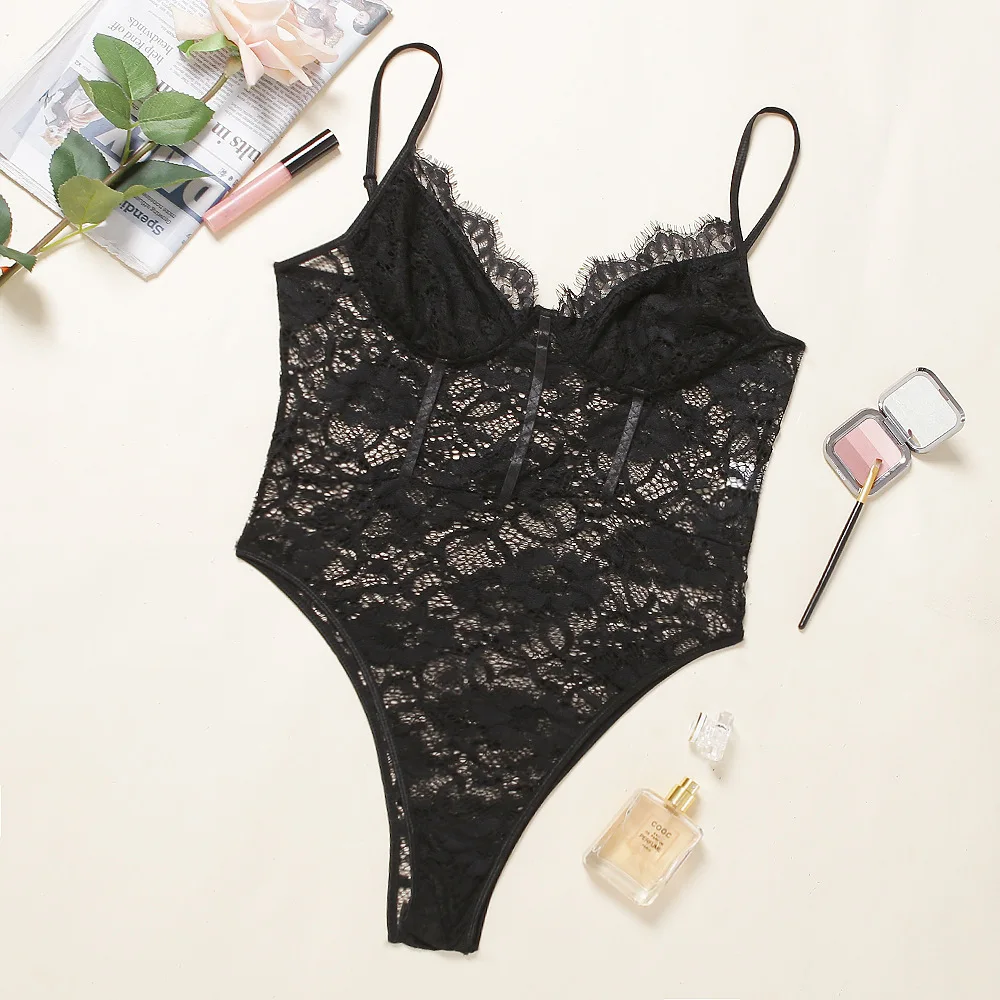 

Women's Sexy Woman Nightie Deep V Neck Eyelash See Through Exotic Dresses Lace Body Stocking Lingerie Bodysuit Bodydoll Teddies