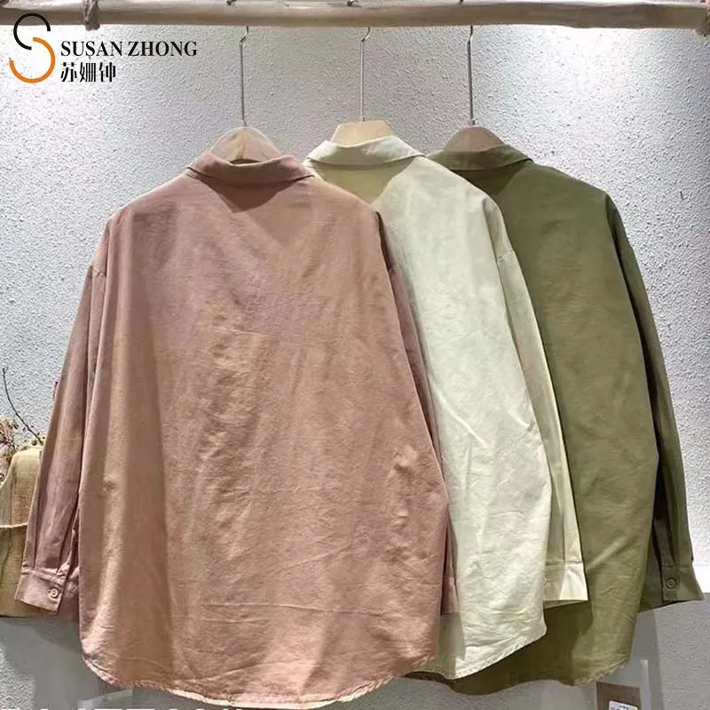 

Women Shirts Feme Blouse Lady Top 2021 Spring Summer Natural Normcore Casual Cotton Turn-Down Collar Patchwork Pockets Vintage