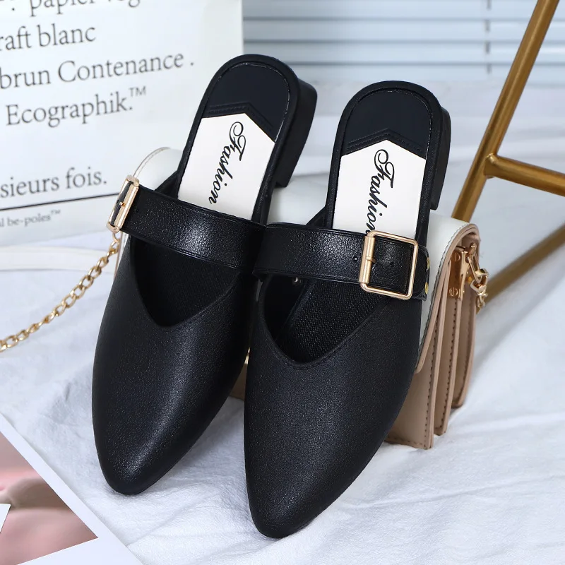 

New women's half-drag pointed toe single shoes, outer wear fashionable simple toe shoes, lazy drag flat bottom