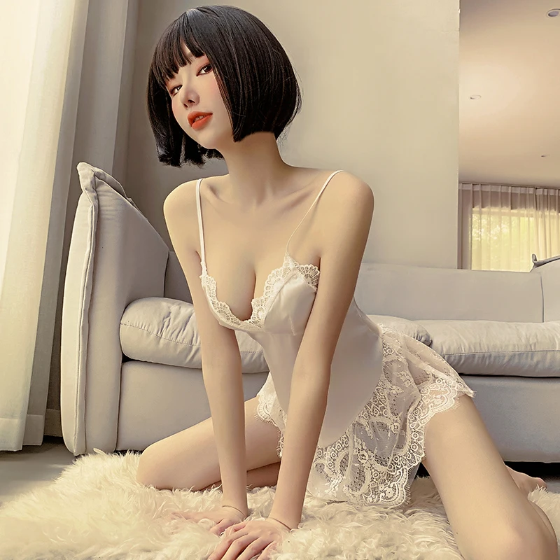 

Sexy Sling Sleepwear Women Lace Deep V Temptation Skirt Satin See Through Mesh Sleeveless Solid Color Ladys Backless Nightgowns