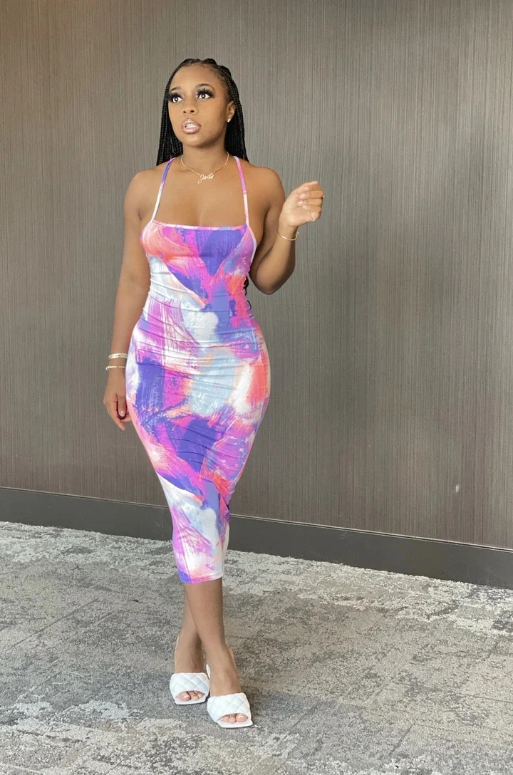 

Cutubly принт тай-дай миди платье на бретелях с лямкой на шее летнее платье для женщин, сексуальное платье без рукавов с открытой спиной облегаю...