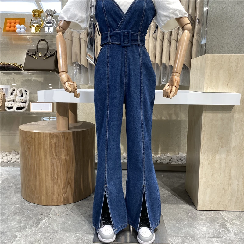

Niche Design 2021 New Aging Foreign Style Chest Binding Band High Waist Slim Long Legs Jeans Overalls Fork Suspenders Jumpsuit