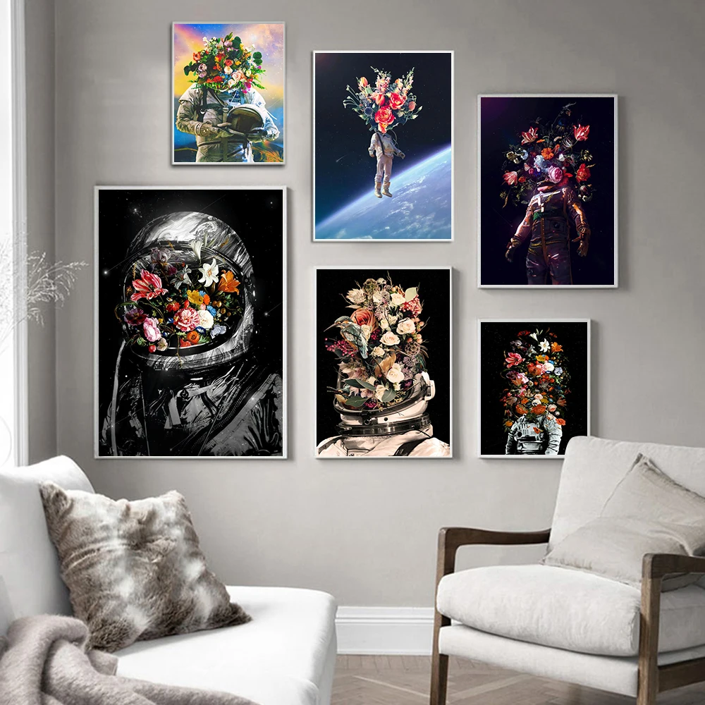 

Astronaut With Flowers on Head Fusion Art Poster Travel Universe Mural Canvas Painting Baby Girl Bedroom Decoration Room Decor