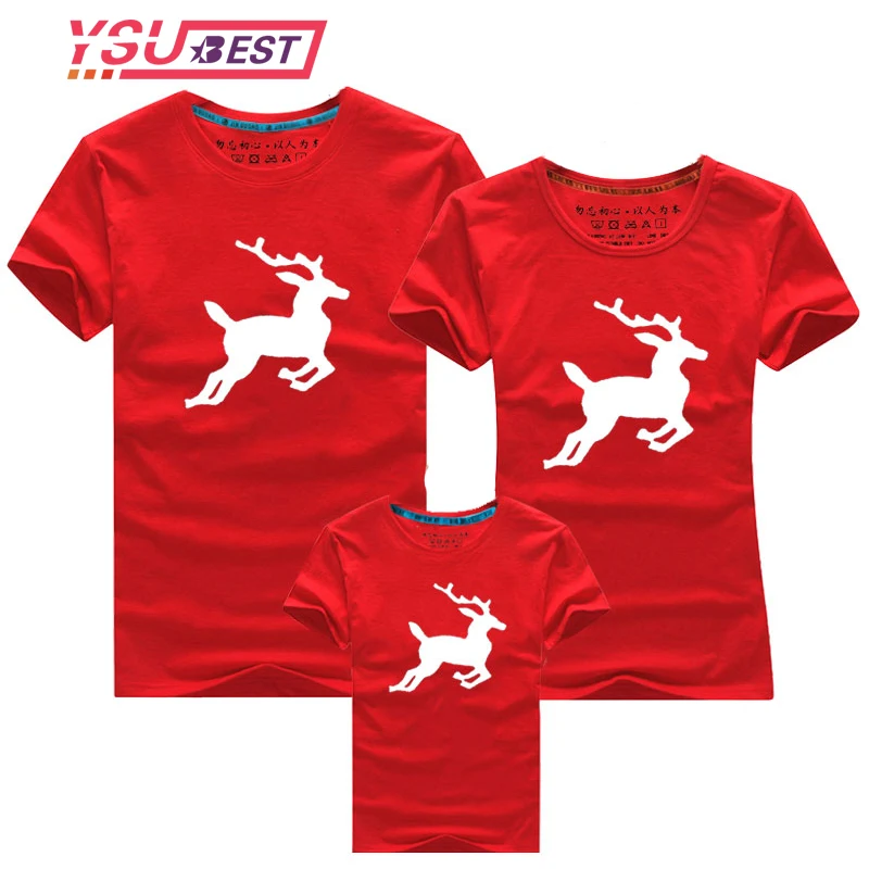 Топы с рождественским принтом лося хлопковая одинаковая одежда для всей семьи
