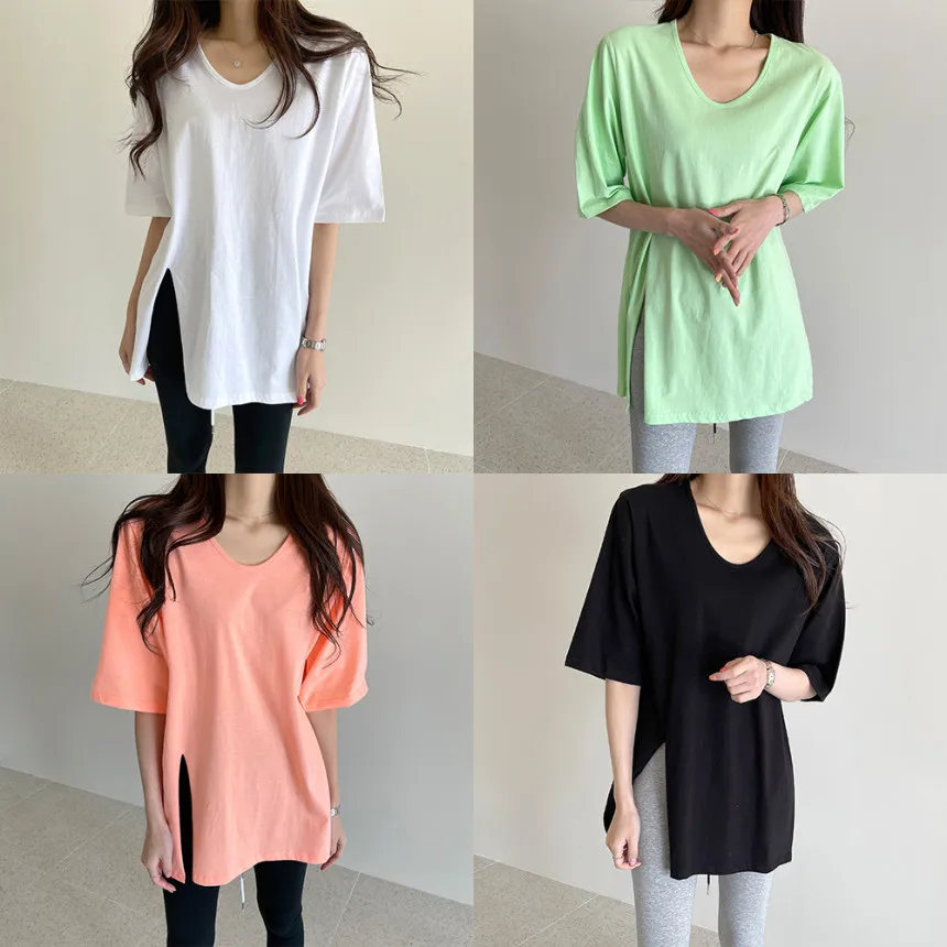 

2021 Summer Solid Loose Women T Shirt Tops Short Sleeve V-neck Splitting Tees Korean Fashion Female T-shirts Femme