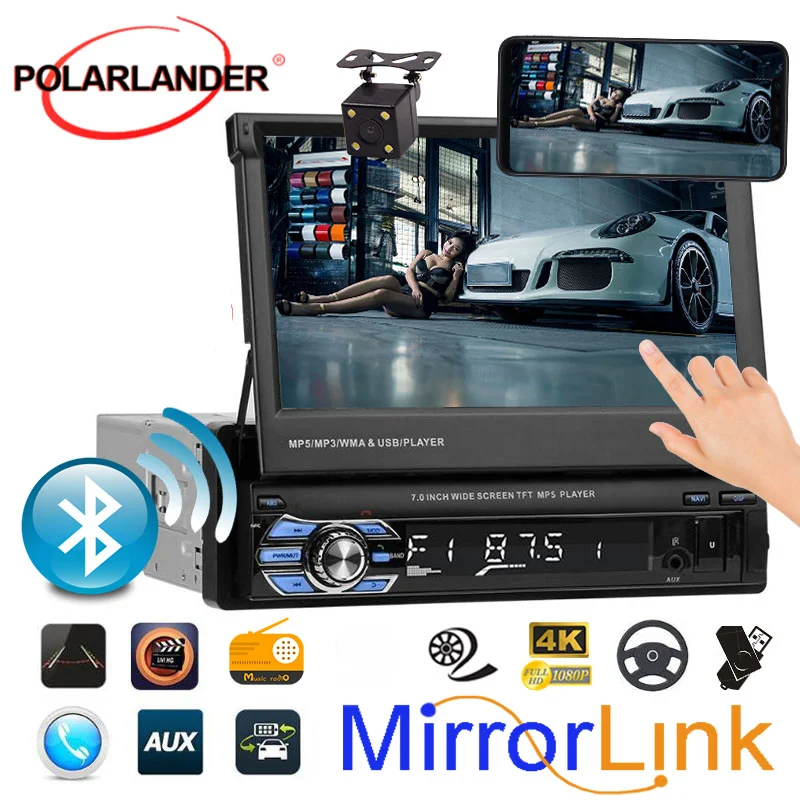 1 Din стерео радио MP5 MP4 плеер 7 дюймов HD сенсорный экран Поддержка bluetooth Камера заднего вида TF/FM/USB/AUX Mirrorlink мультимедиа