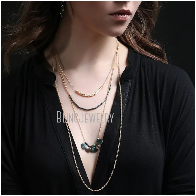 NM23695 3 Layering NECKLACE Rustic Coin Charm Necklace Gold Cube Beads Necklace