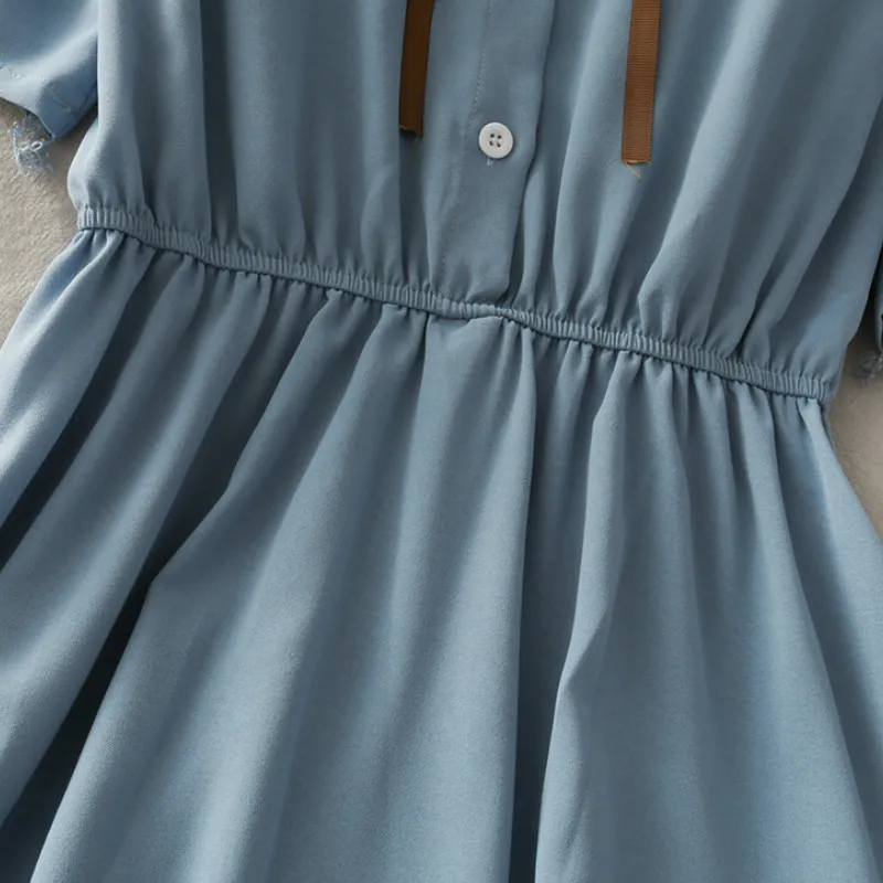 

Dress Women Chiffon Bow Solid High Waist Turn-down Collar Preppy Style Kawaii