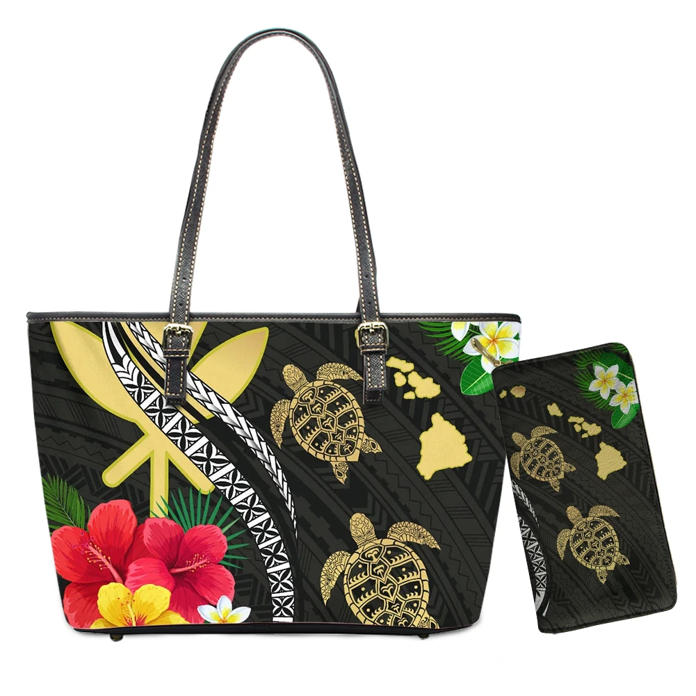 

KUILIU Hawaiian Polynesian Turtle Plumeria Print Women Brand Design Shoulder Bag And Purse Set Luxury Top-Handle Bolsa