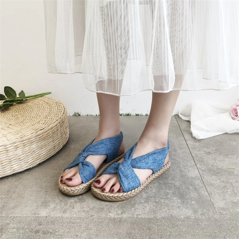 2020 New sandals women summer wear-resistant straw linen Roman comfortable elastic band cross flat bottom women's shoes | Спорт и