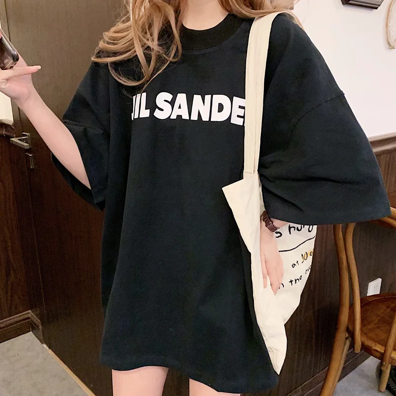 Футболка Jil Sander женская с надписью супершикарный оверсайз топ коротким рукавом