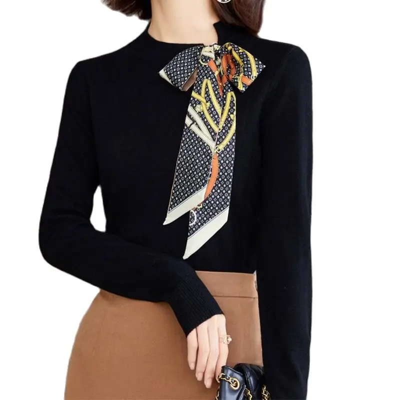 

Temperament all-match knit sweater 2021 autumn and winter half high neck silk scarf sweater fashion women's clothing