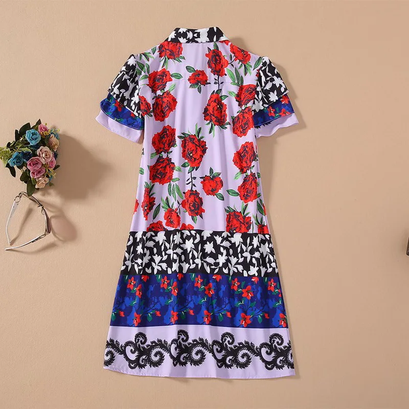 

2020 Summer Fashion Long Shirt High Quality Women Turn-down Collar Red Flower Print Short Sleeve Casual Boho Dress Street