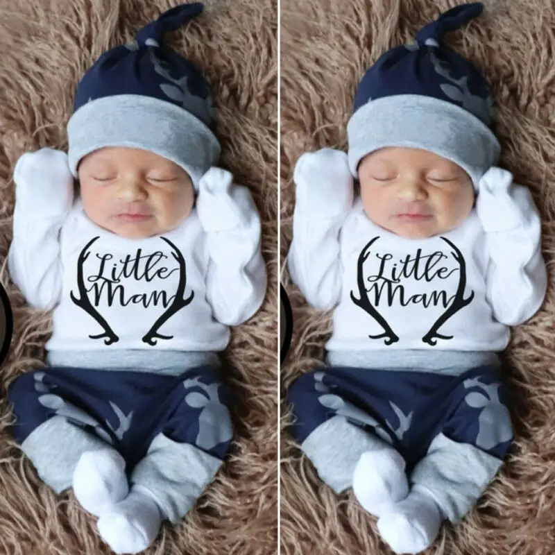 

Winter Christmas 3PCS Newborn Baby Boy Clothes Set Costume Little Man Romper Deer Leggings Hat Warm Outfit Infant Clothes