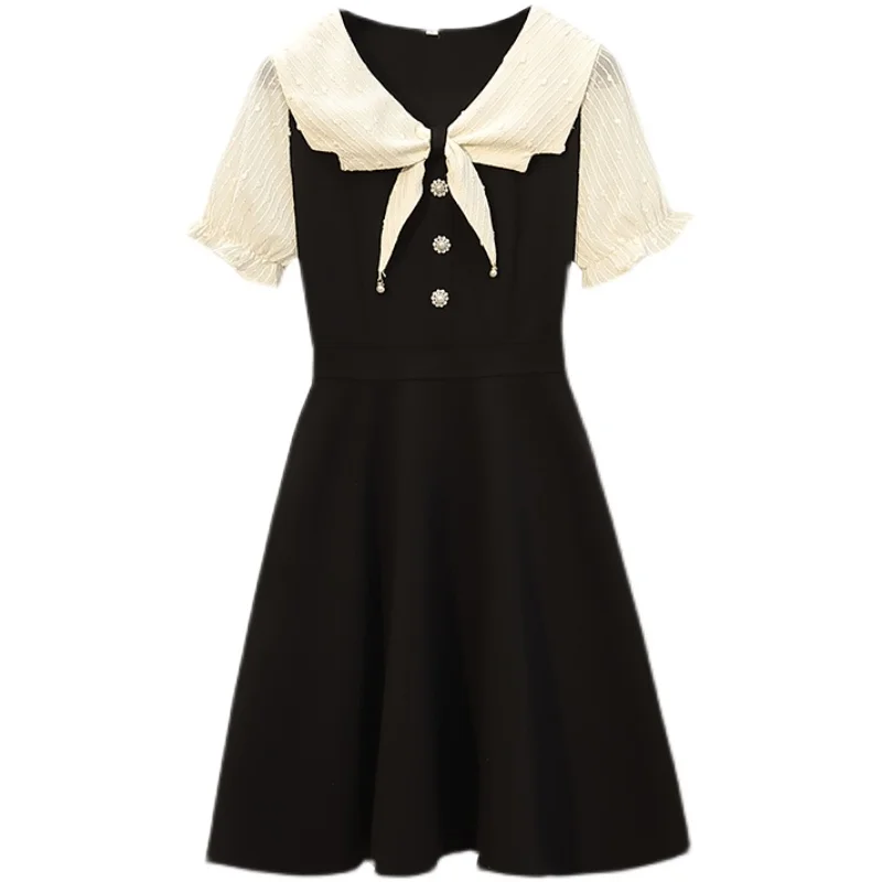 

plus size office ladies short sleeve dresses women o neck high waist elegant vintage patchwork A-line dresses women vestidos