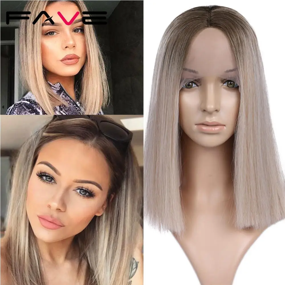 FAVE, смешанный коричневый блонд, прямые 1,8*9, кружевные передние короткие парики, средняя часть, синтетические парики для черно-белых женщин, косплей