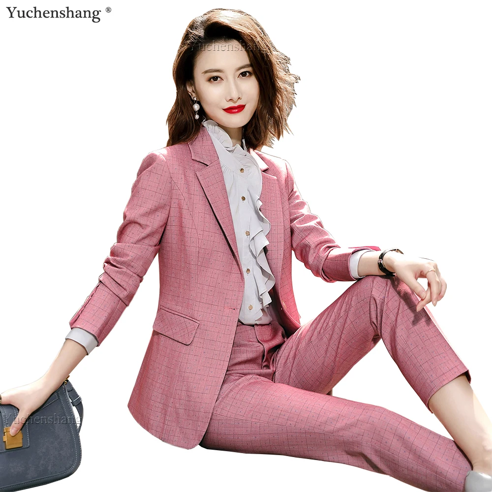 High Quality Women Plaid Pant Suit Business Interview Work Wear Set Pink Gray Blue Long Sleeve Soft Blazer And Trouser 2 Piece