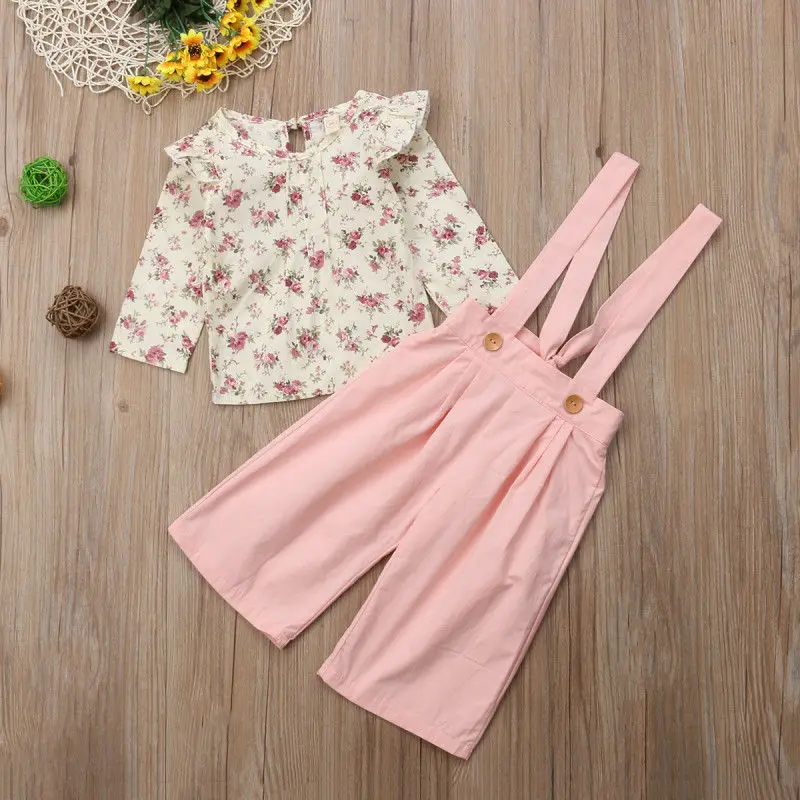 

1-5T Infant Kids Baby Girl Floral Clothes set Ruffle Tops Pink Bib Strap Pants Cute princess Outfits Child Fashion Clothing