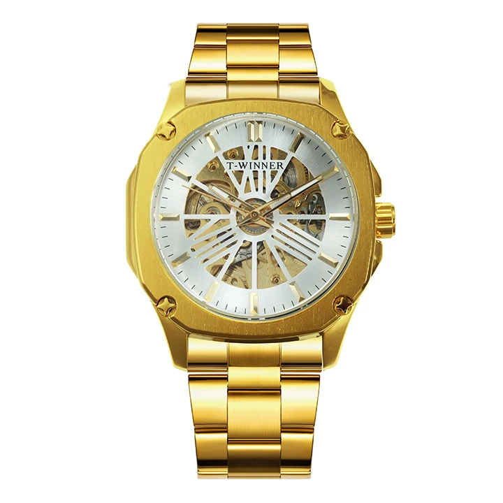 GOLD WHITE WINNER официальный розовое золото автоматические механические мужские часы лучший бренд класса люкс Скелет квадратный циферблат Винтаж Бизнес наручные часы - Цвет: GOLD WHITE