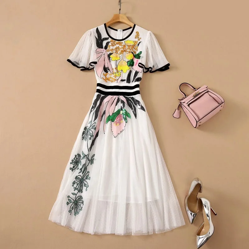 Sequined Dress 2021 Summer Fashion Designer Women O-Neck Lurex Embroidery Short Sleeve Slim Fit A-Line Casual White Dress Festa