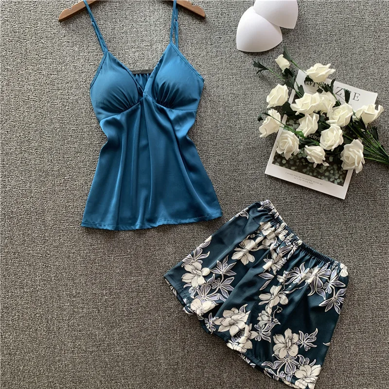 Новый весенний пижамный комплект с принтом из ледяного шелка женская пижама