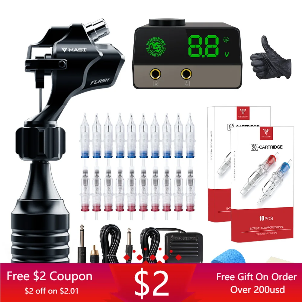 

Professional Tattoo Machine Kit Powerful Motor Tattoo Rotary Makeup Mast Flash LCD Power Cartridge Needles Supplies