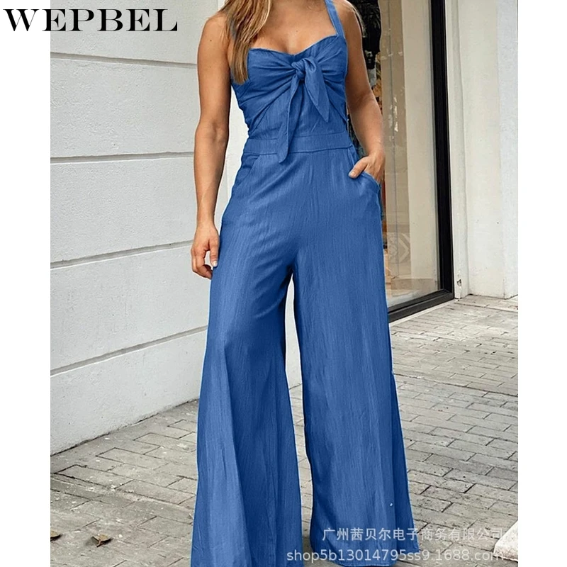 

WEPBEL Sexy Solid Jumpsuits Women's Slim Fit Lace Up Jumpsuits Summer Strapless Spaghetti Strap High Waist Wide Leg Jumpsuits