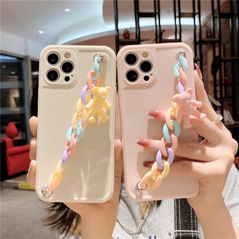Cute pink Candy color Phone case For HUAWEI P50 P40 P30 lite Mate40 30 Pro Nova8 7SE 6 5 with cartoon love heart bear gift chain