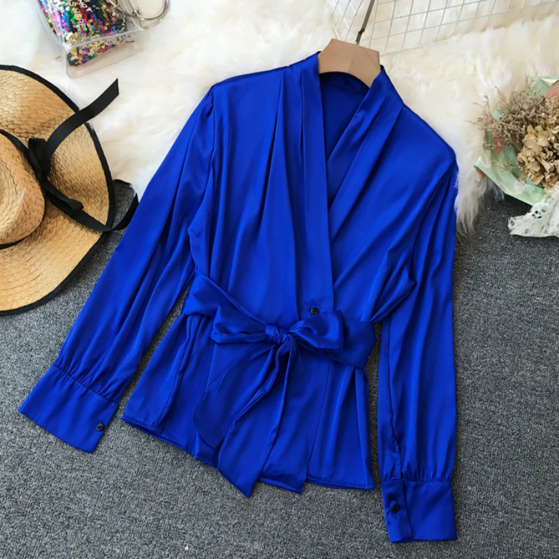 Женская рубашка с V образным вырезом поясом|Блузки| |