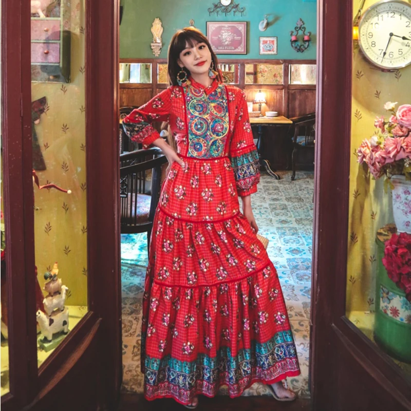 

Indie Folk Embroidery Elegant Party Maxi Dress for Women Fall 2021 Newest Fashion Loose Robe Femme Arabic Muslim Turkey Clothes