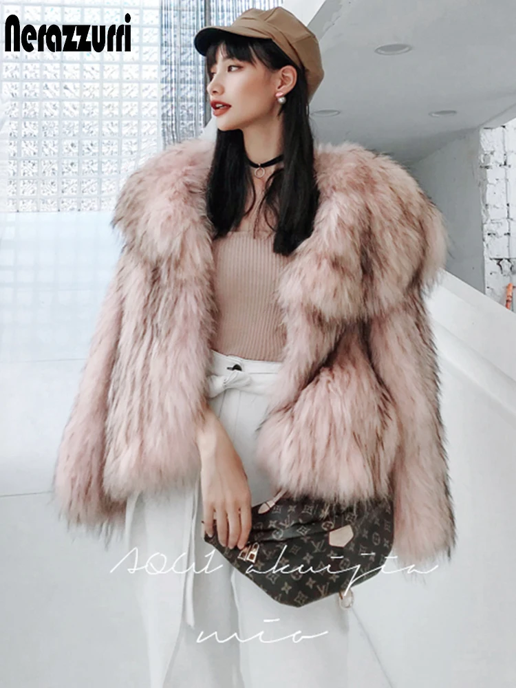 

Nerazzurri Short pink yellow fluffy faux fur jacket women Thick warm fake fox fur coat 2020 fashion autumn winter women clothes