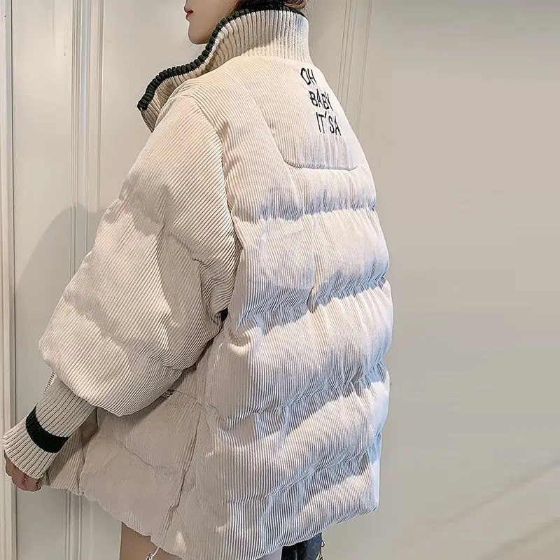 Autumn and Winter New Corduroy Letter Printing Solid Color Loose Simple Zipper Cardigan Jacket Plus Velvet Thick Down Jacket