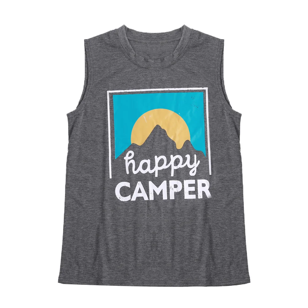 Женский жилет без рукавов с принтом Happy Camper летняя новая женская серая футболка