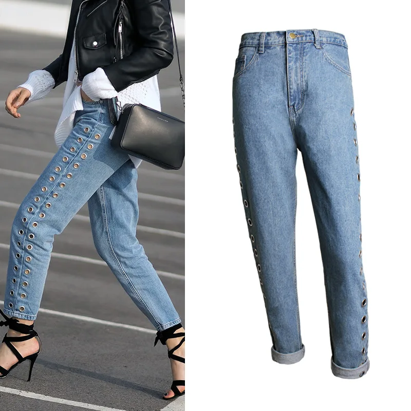 

Women's street new BF style high waist loose trousers rivet hollow metal corns jeans