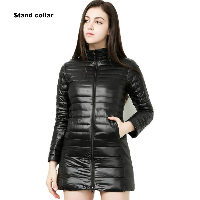stand collar black Женское пальто, 90% белая куртка на утином пуху, женский ультра-светильник, длинное пальто с капюшоном, женские теплые парки, Casaco Feminino Jaqueta Parka - Цвет: stand collar black