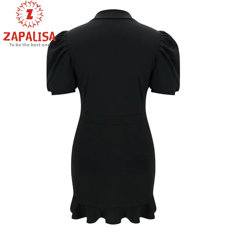 

Vestidos New Arrival Puff Sleeve Elegant Slim Black Dress Ruffles Pleated Dresses Woman Party Night High Waist Summer Mini Dress