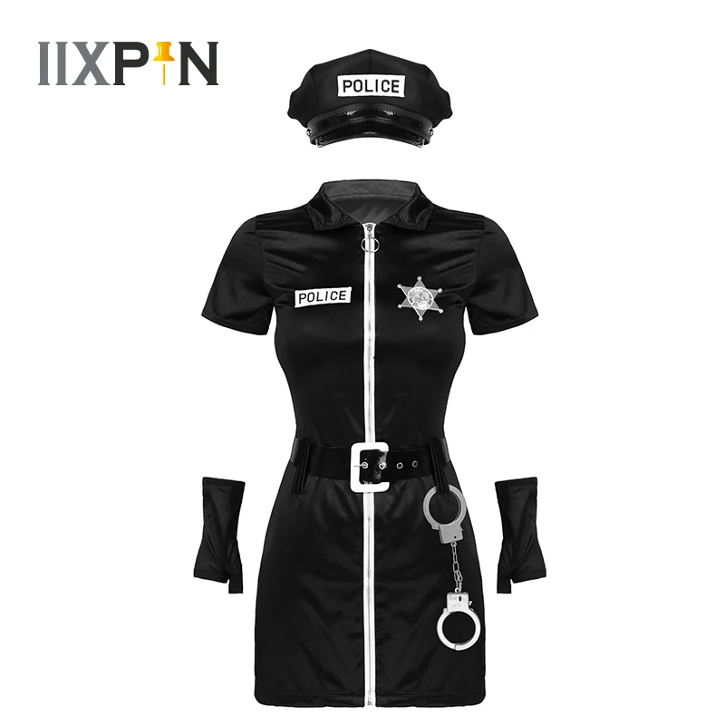 

6Pcs Womens Police Officer Costume Cop Uniform Outfit Short Sleeves Bodycon Mini Dress Police Officer Cop Cosplay Costume Set