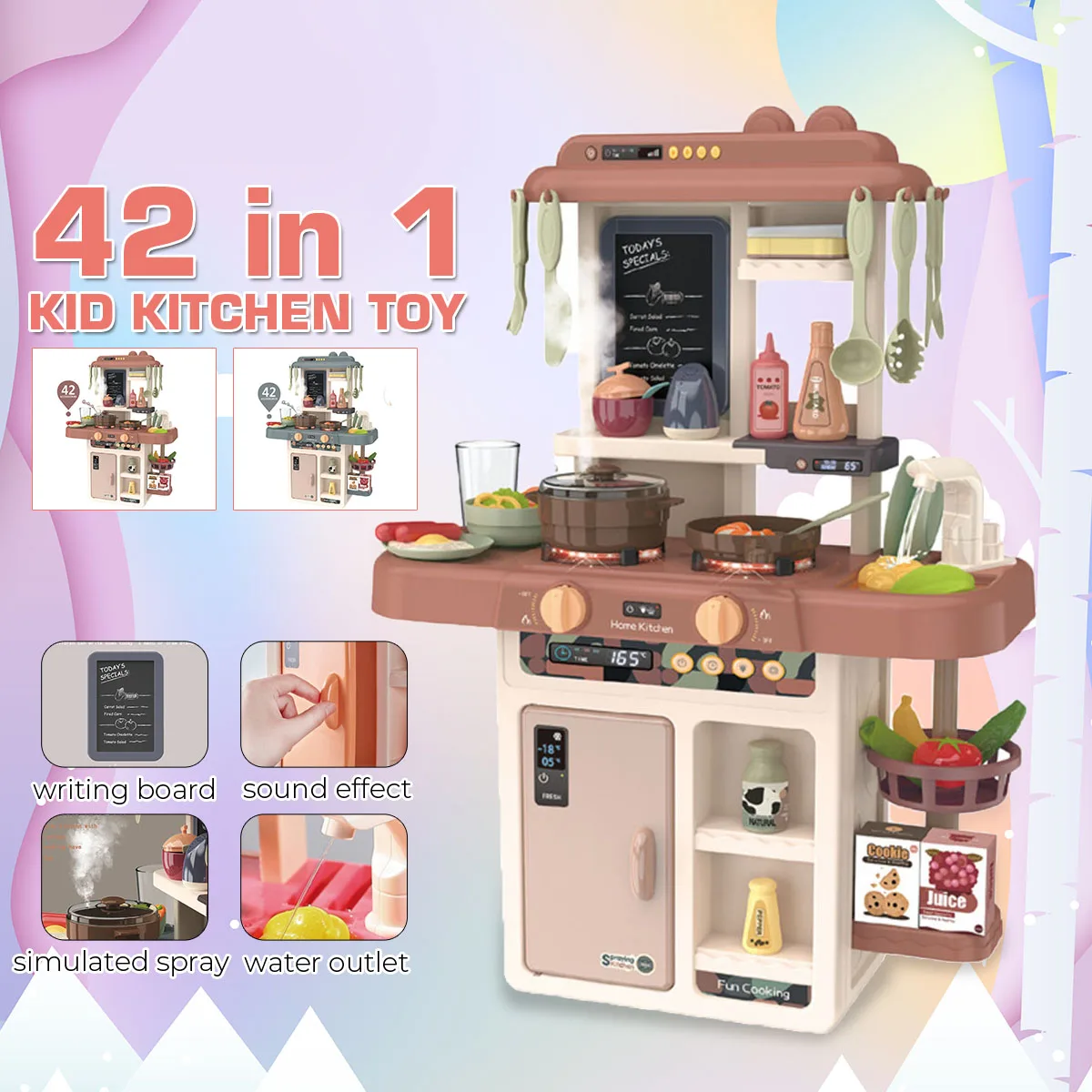 

42Pcs Kids Kitchen Toy Set Pretend Play Spray Water Cooking Table Set Miniature Food ABS Dinnerware Children Gift