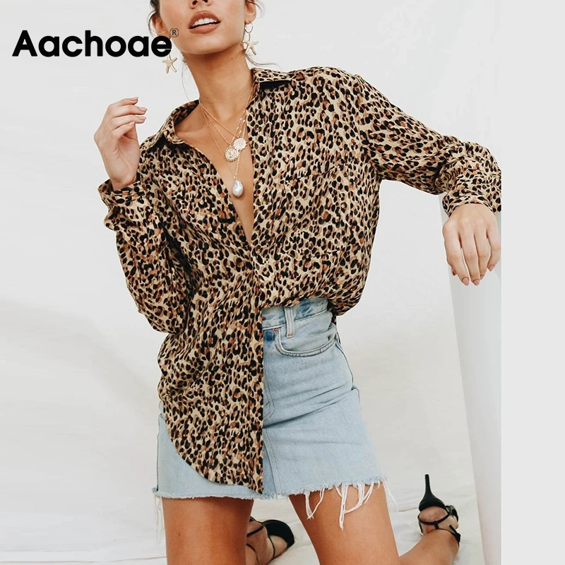 Женская блузка с леопардовым принтом Aachoae свободная длинным рукавом