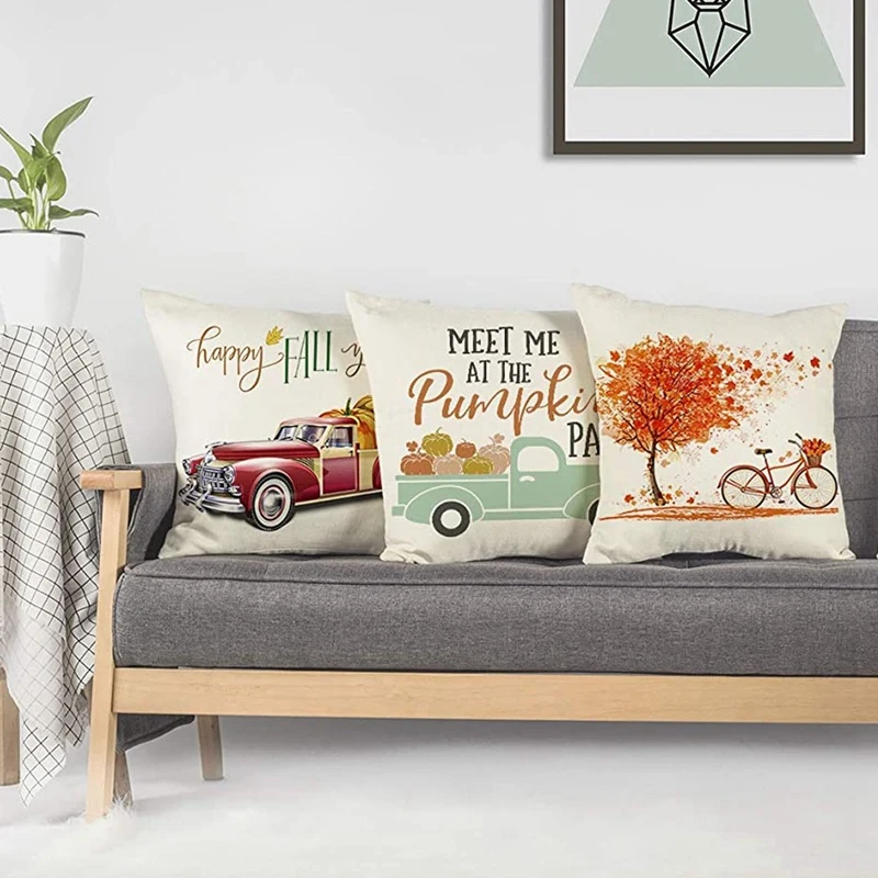 Осенний чехол для подушки Тыква грузовик кленовые листья велосипед фермерский