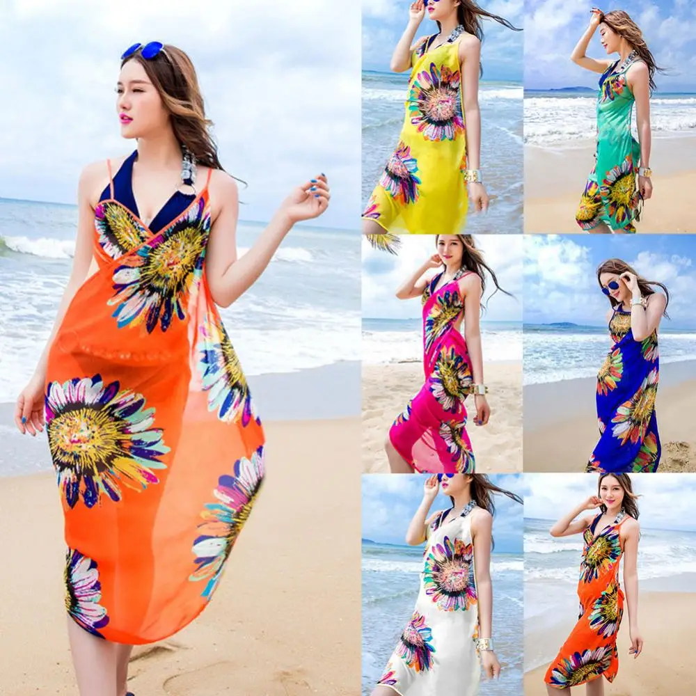 80% Hot Sale Fashion summer dress Summer Beach Sunflower Print Sexy Women Chiffon Bikini Cover Up Tunic Dress Girl Women Clothes