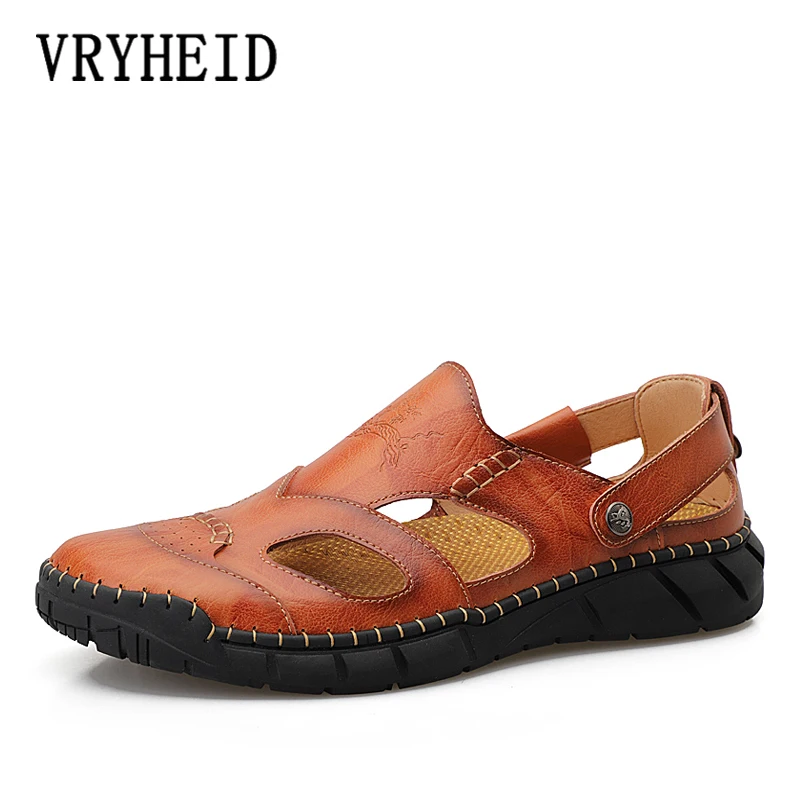 VRYHEID Summer New Genuine Leather Men Sandals Handmade Breathable Casual Flats Shoes Slip On Walking Big Size 38-50 | Обувь
