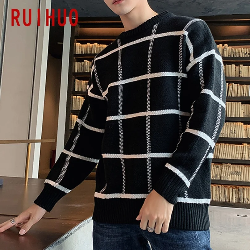 RUIHUO 2021 новый весенний клетчатый свитер для повседневной носки мужчин Slim Fit