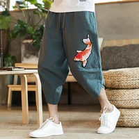 aransue capris haren pants mens chinese style loose lantern pajamas linen leisure wide leg drawstring trousers3644