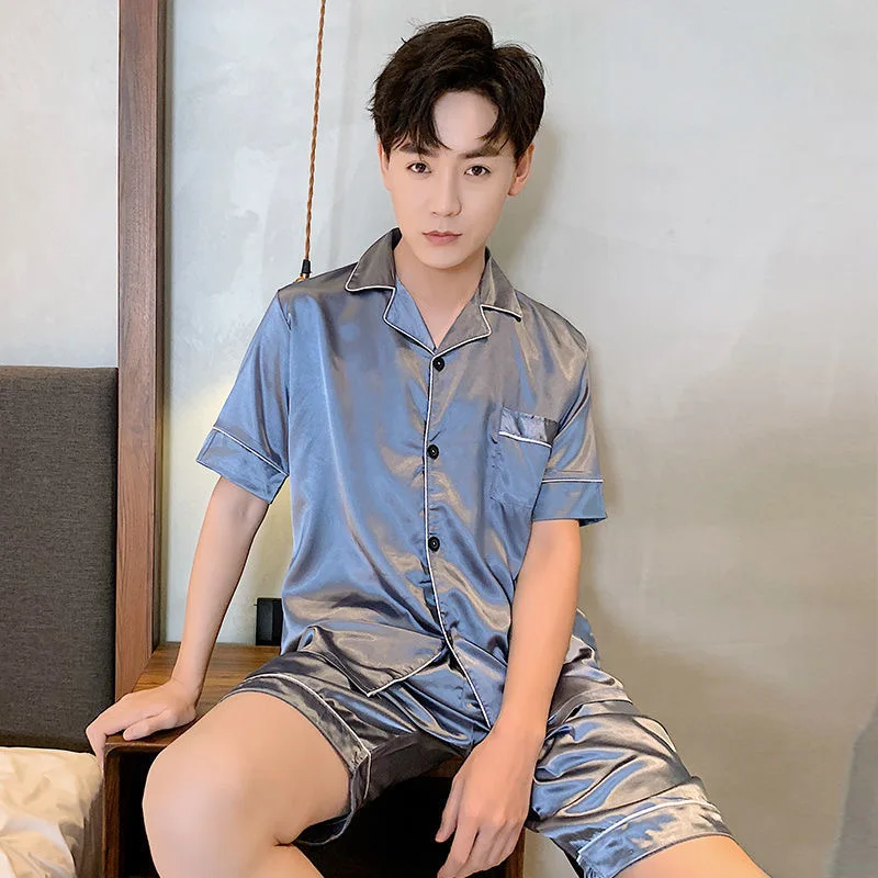 Satin Sleep Set Men's Pajamas Suit 2PCS Pyjamas Casual Sleepwear Summer New Short Sleeve Male Nightwear Home Clothing
