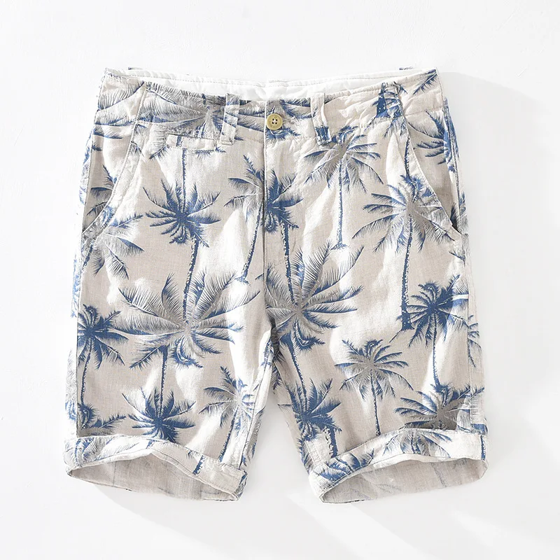 

Print Beach Casual Shorts for Men Pure Linen Plus Size Shorts Summer Travel Vacation Breechcloth