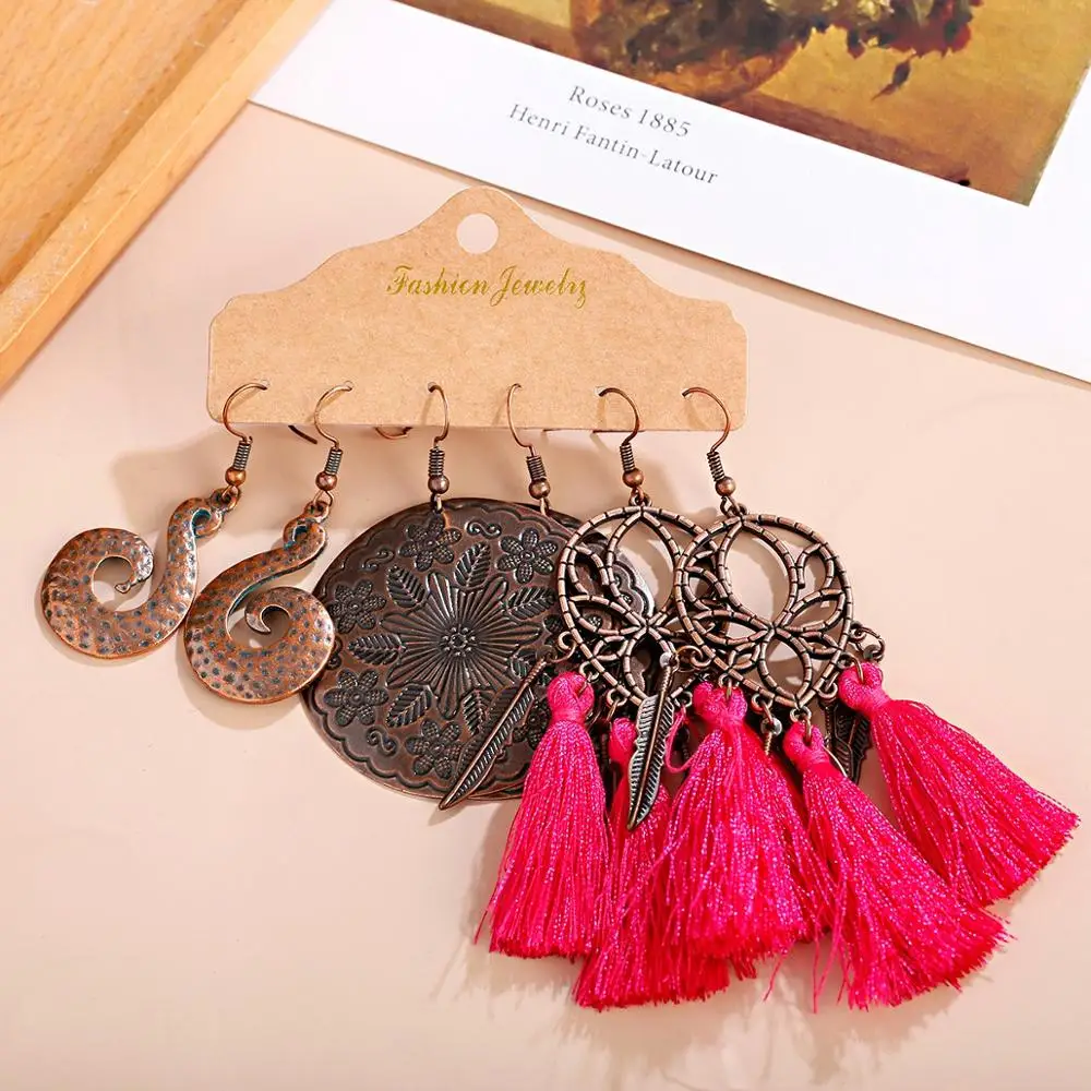 

3 Piece Set Alloy Pendant Cotton Silk Tassel Earrings Retro Bohemian fashion Round Water Drop Pendant Earrings 2020 Jewelry Gift