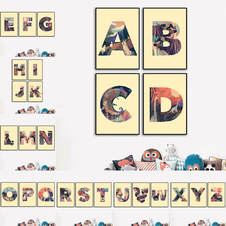 26 Английский алфавит лесные животные Детская настенная живопись на холсте